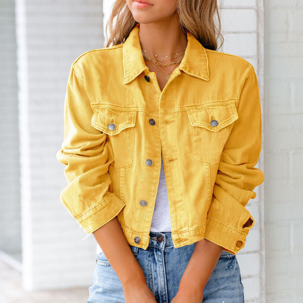 Cropped Long Sleeve Jacket with Collared Neckline – Yellow