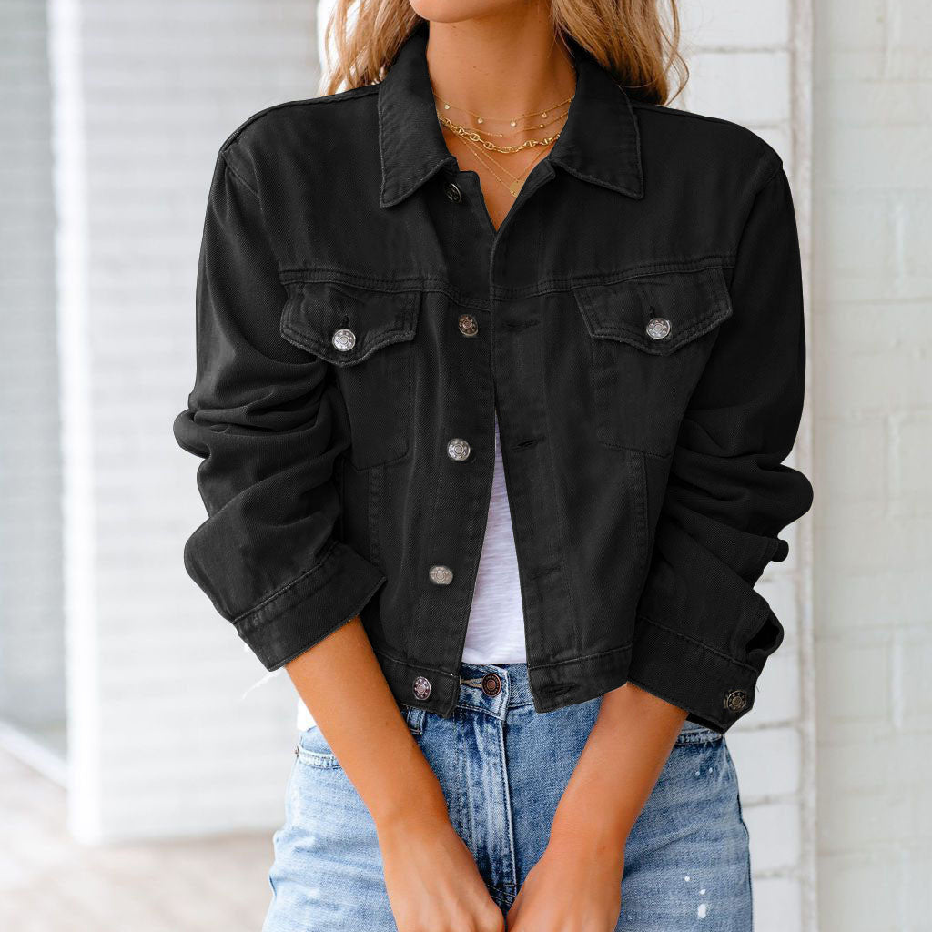 Cropped Long Sleeve Jacket with Collared Neckline – Black
