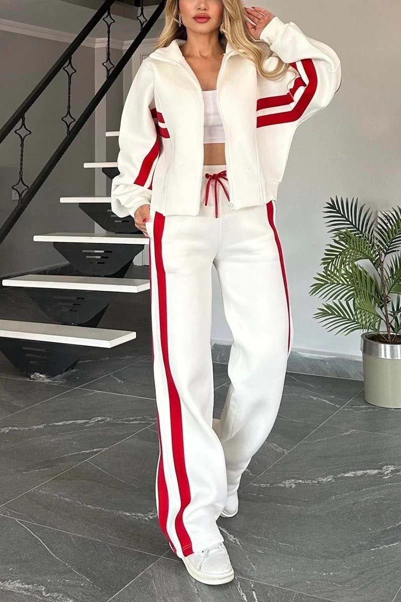 Striped zip-up wide-leg tracksuit set in White