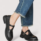 Leather Buckle Mary Jane Shoes - Black