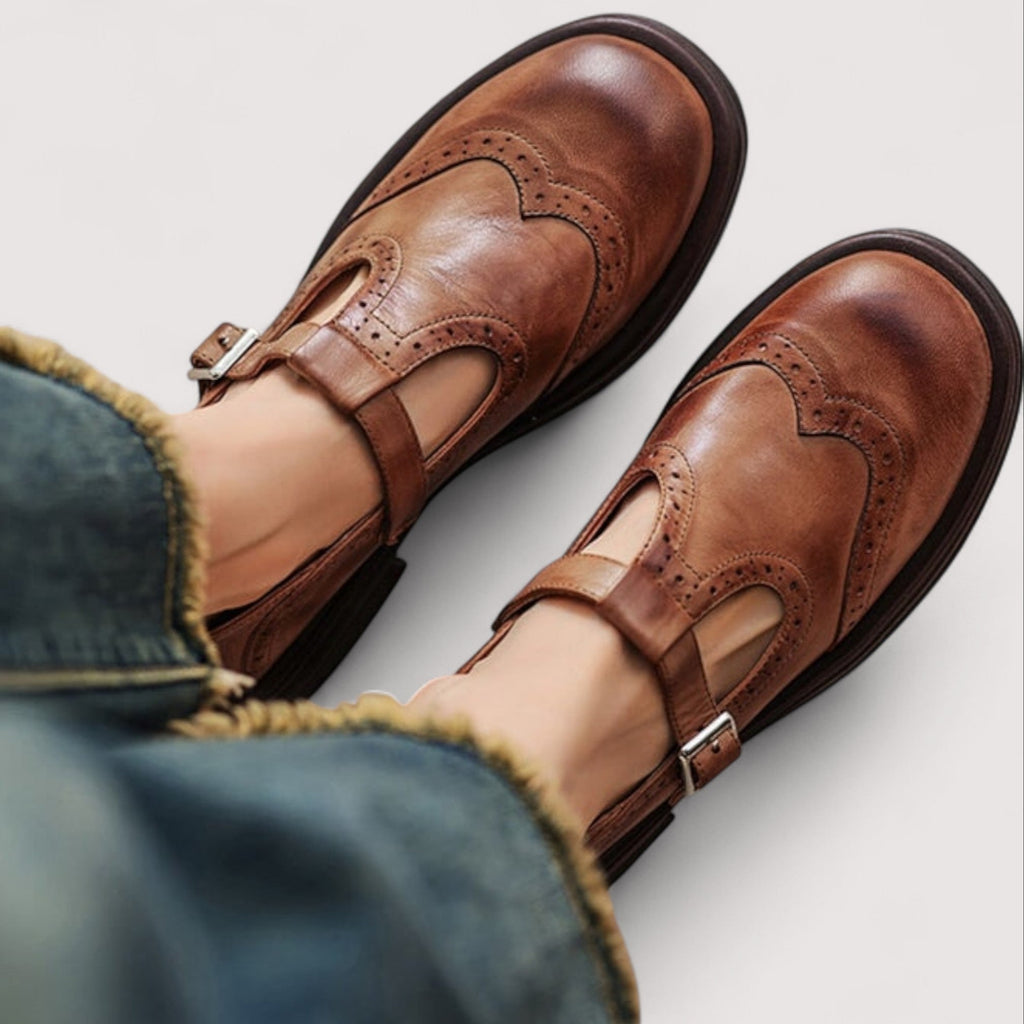 Leather Buckle Mary Jane Shoes - Brown
