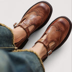 Leather Buckle Mary Jane Shoes - Brown