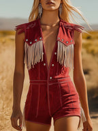 Red fringe V-neck sleeveless jumpsuit front view