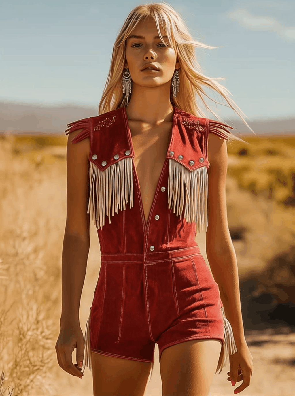 Red fringe V-neck sleeveless jumpsuit detail