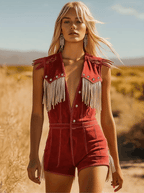 Red fringe V-neck sleeveless jumpsuit detail