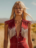 Red fringe V-neck sleeveless jumpsuit styled view