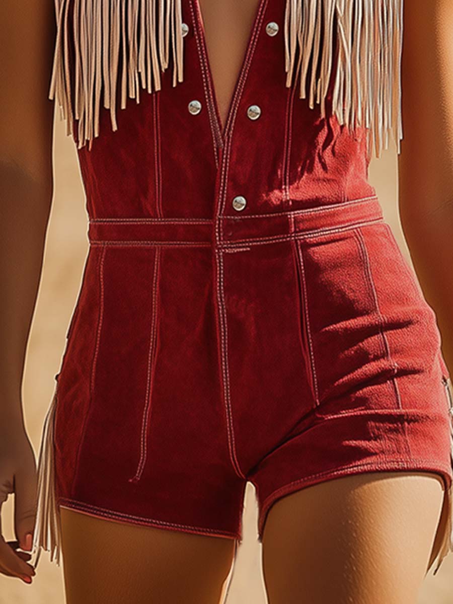 Red fringe V-neck sleeveless jumpsuit full length