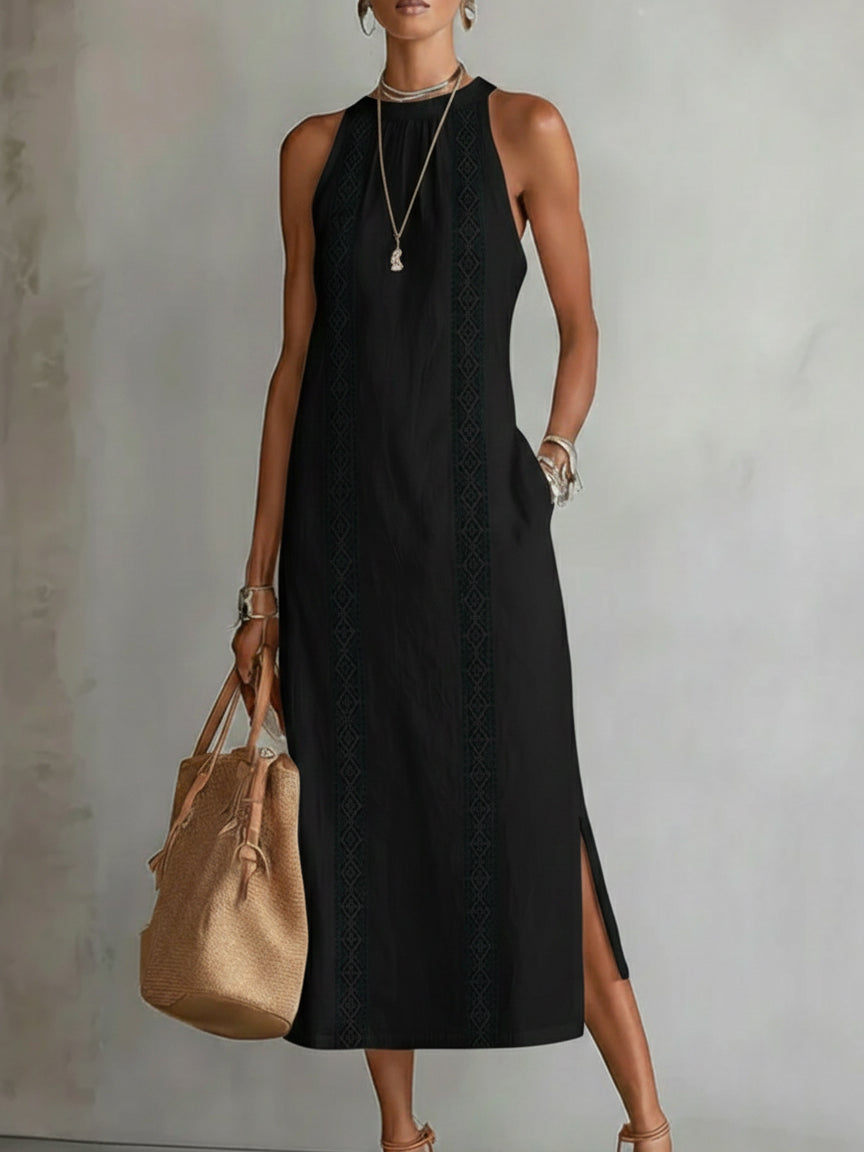 Embroidered Sleeveless Midi Dress – Black