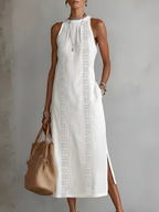 Embroidered Sleeveless Midi Dress – White