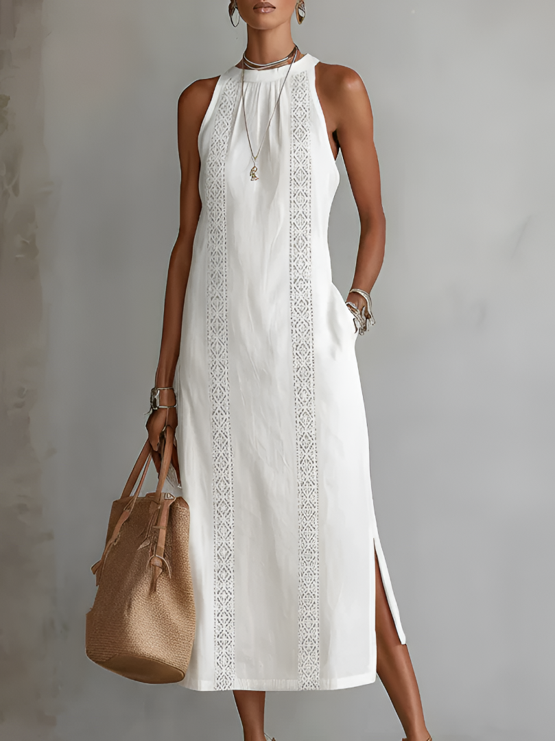 Embroidered Sleeveless Midi Dress – White