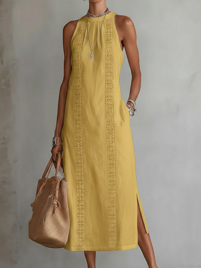 Embroidered Sleeveless Midi Dress – Yellow