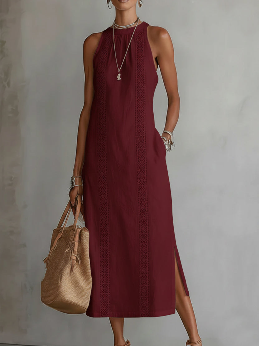 Embroidered Sleeveless Midi Dress – Red