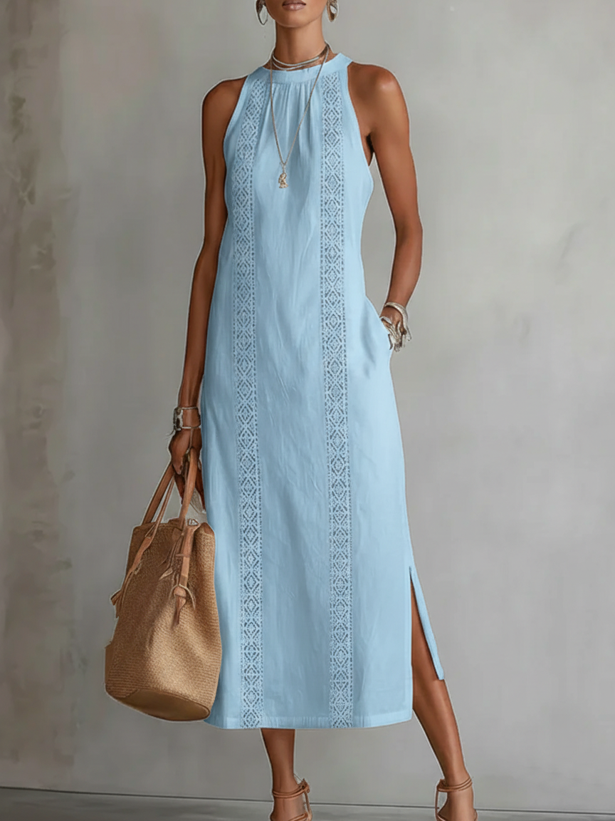 Embroidered Sleeveless Midi Dress – Blue