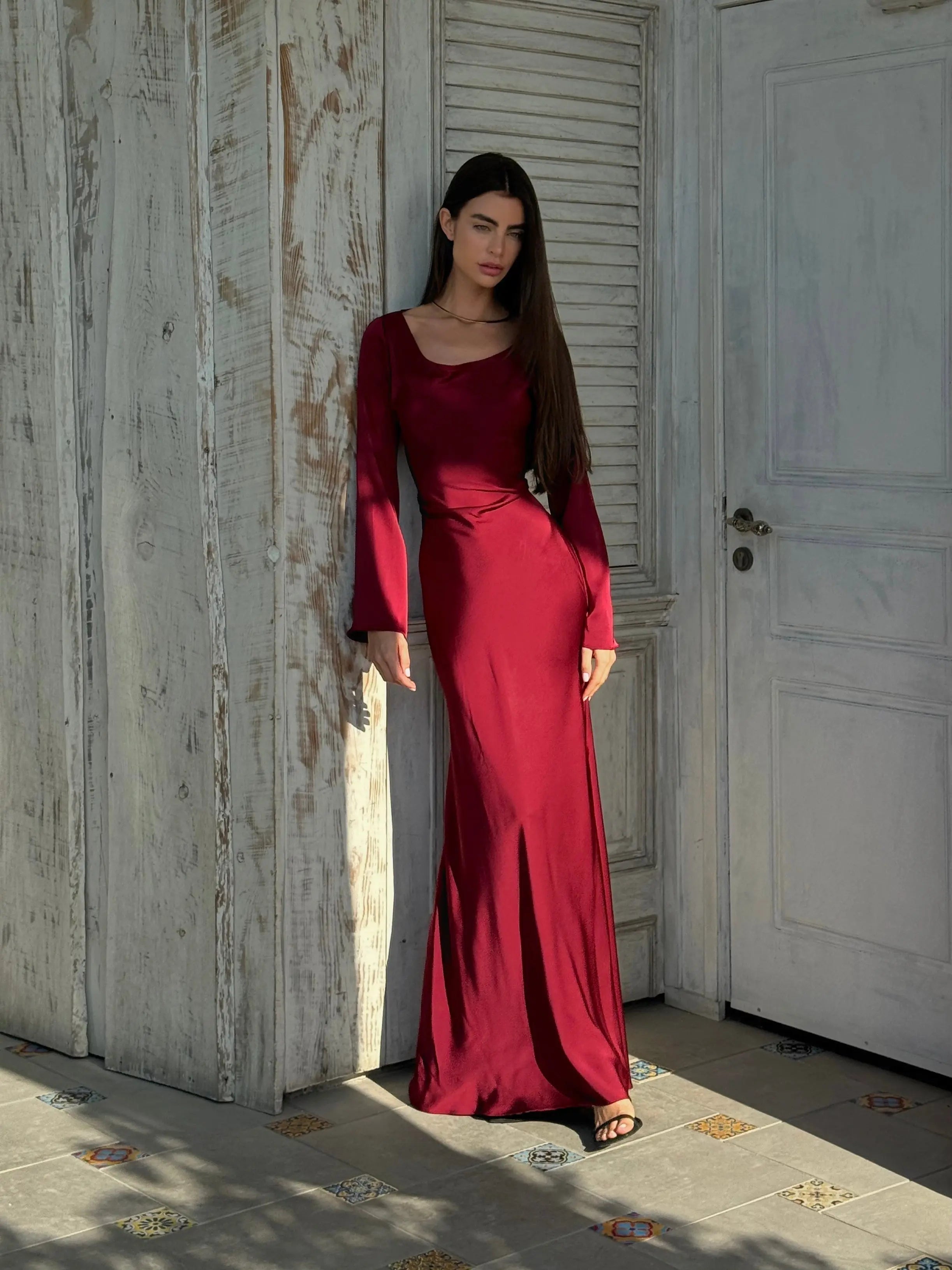 Long Sleeve Fitted Maxi Dress for Wedding Guests