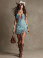 Sleeveless fringe mini dress front view