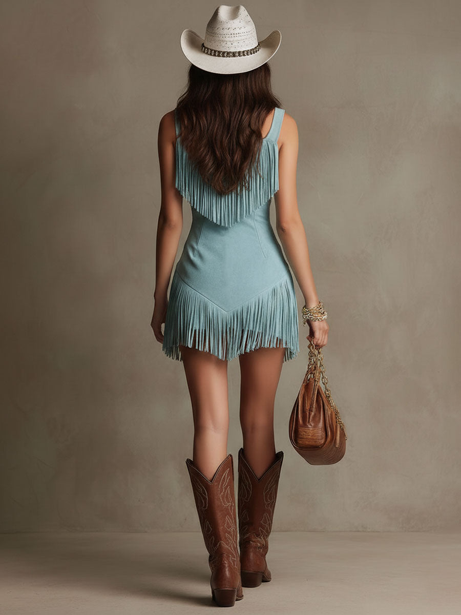 Sleeveless fringe mini dress side view