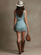 Sleeveless fringe mini dress side view