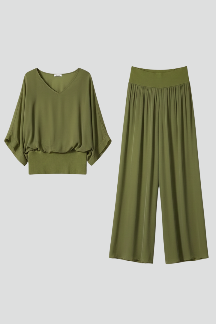 V-Neck wide leg two-piece set
