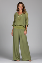 Green V-Neck wide leg two-piece set