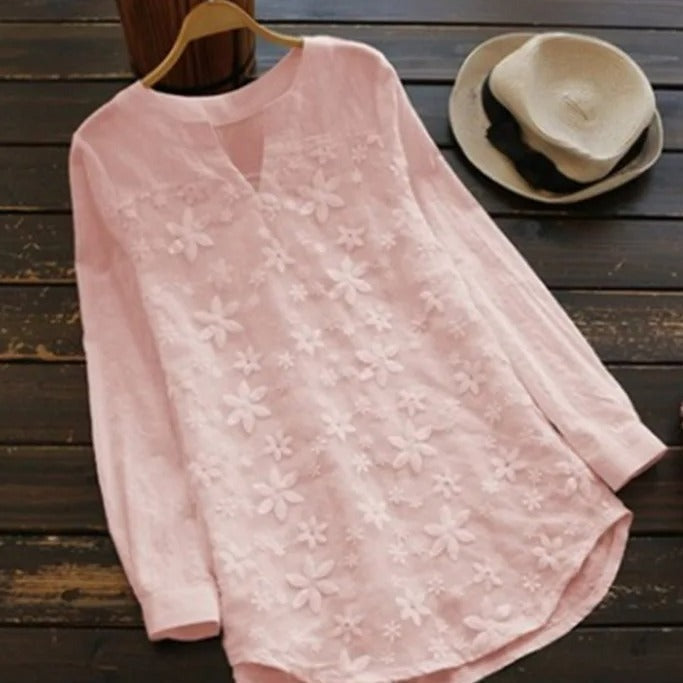Pink round neck long sleeve blouse