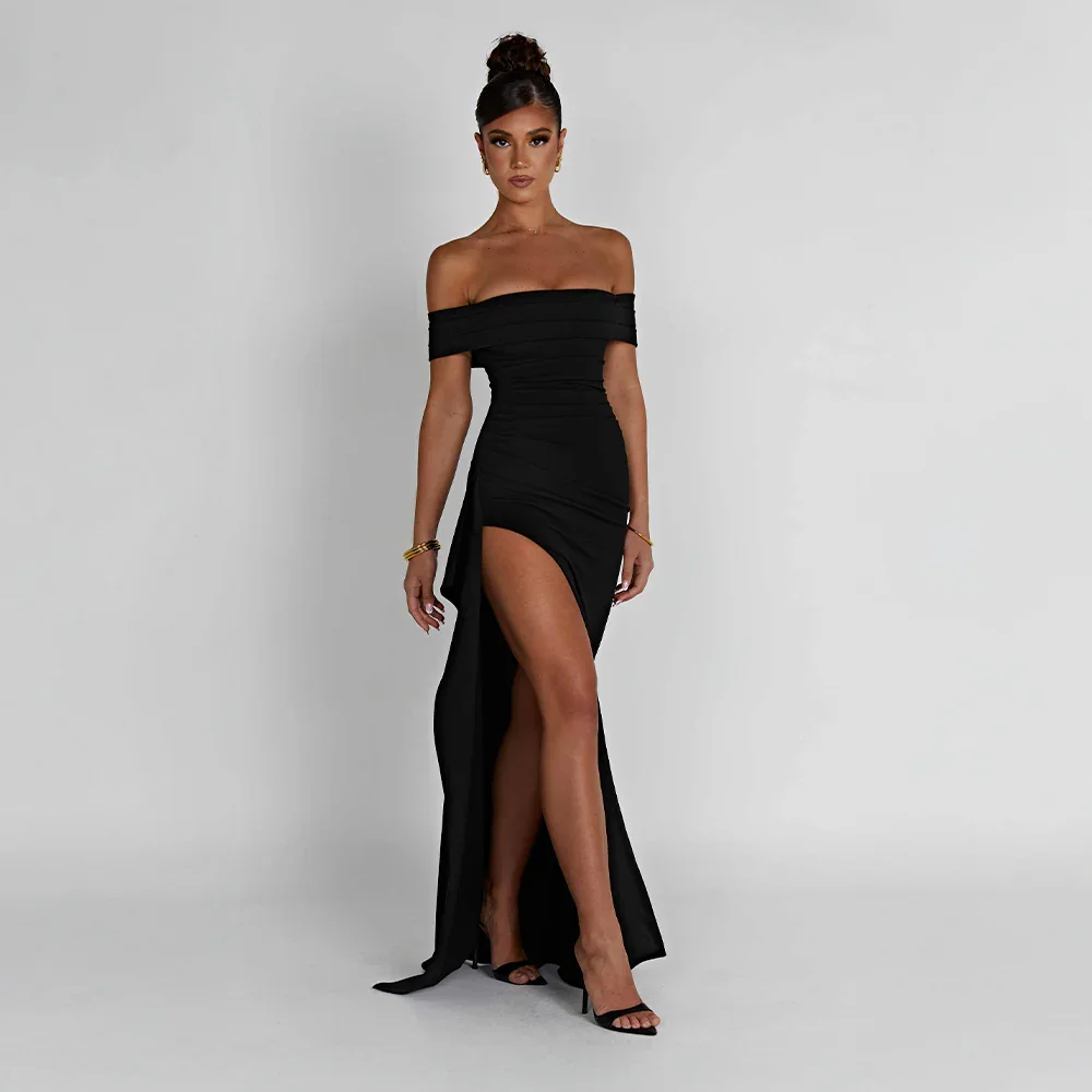 Off-Shoulder Slit Maxi Dress - Black