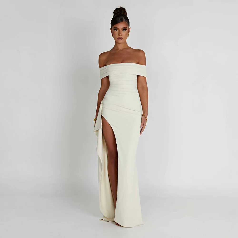 Off-Shoulder Slit Maxi Dress - White