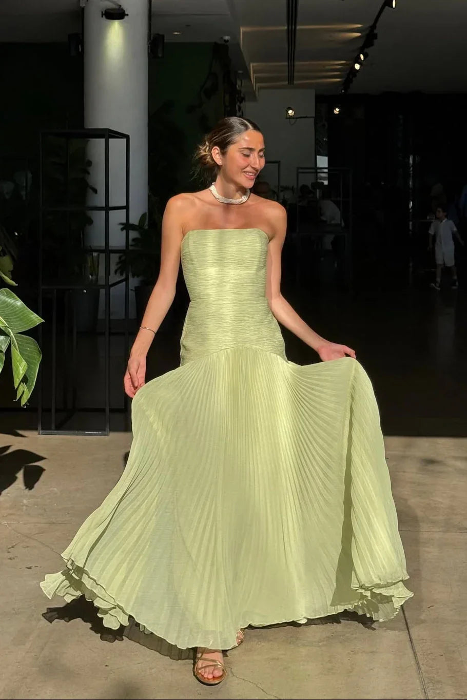 Green V-Neck Pleated Maxi Dress lifestyle