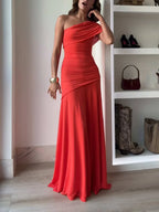 Ruched one-shoulder maxi dress in rose pink, asymmetric hem, elegant evening style