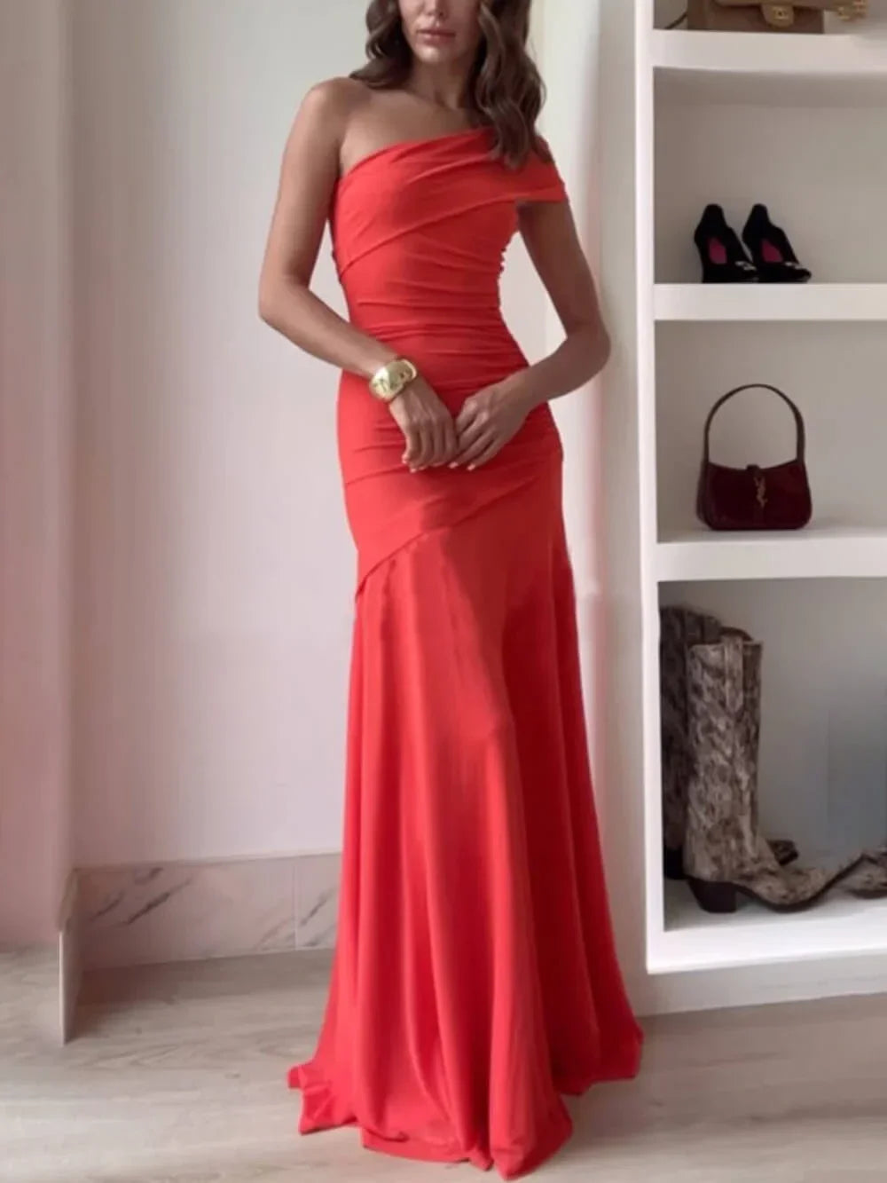 Rose pink one-shoulder ruched maxi dress, flowing lightweight fabric, evening look