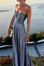 Strapless Pleated Shimmer Maxi Dress - Blue