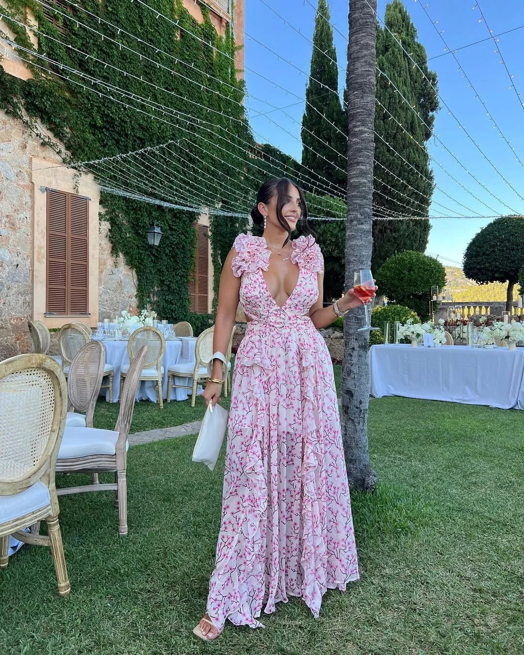 Colorful floral maxi dress sleeveless, fluid summer cut, A-line silhouette