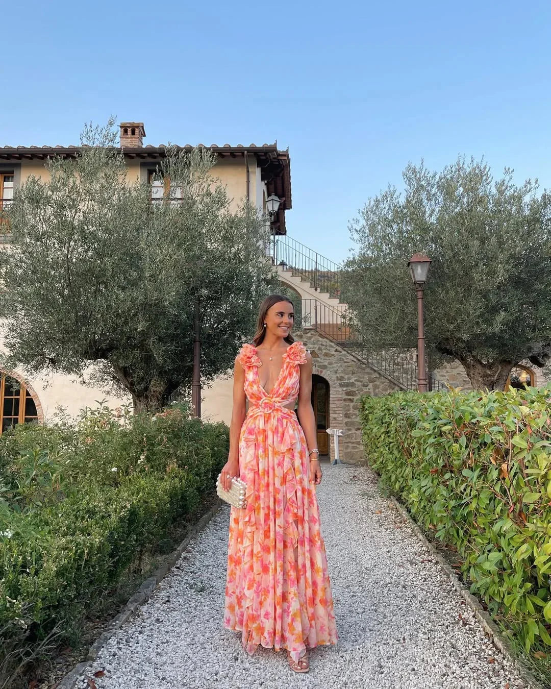 Floral print sleeveless maxi dress, lightweight cotton, colorful floral pattern