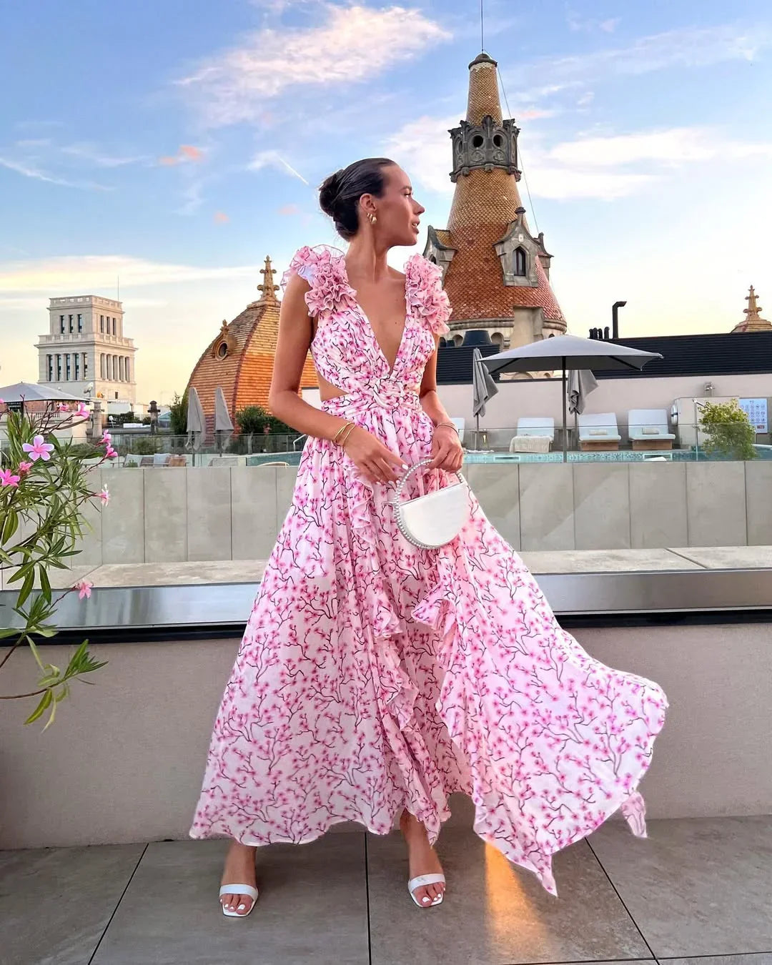 Floral sleeveless maxi dress in rose pink, lightweight fabric, garden party style