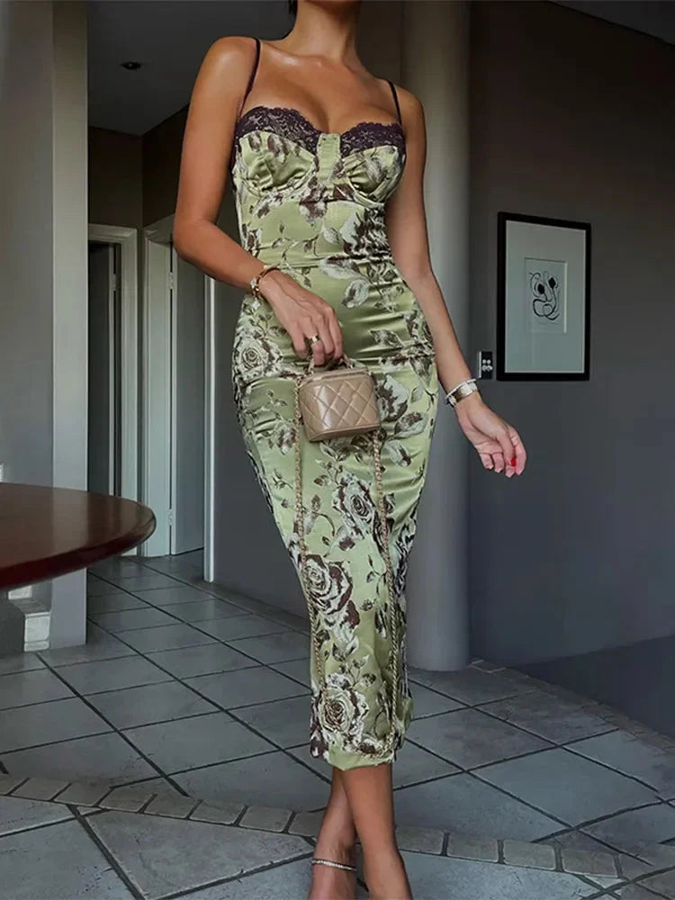 Strapless corset midi dress with floral print, lightweight fabric, summer evening silhouette
