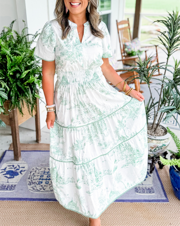 Toile print maxi dress look