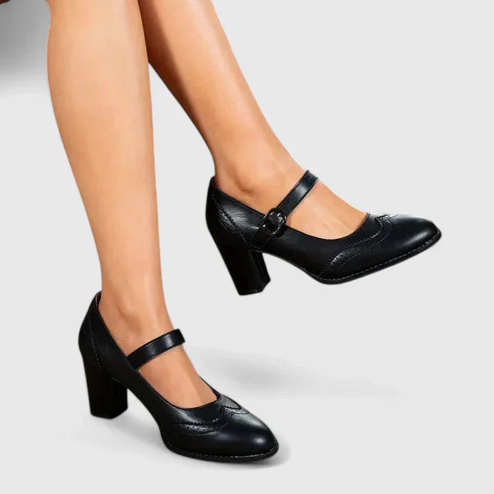 Mary Jane Block Heel Shoes with Ankle Strap - Black
