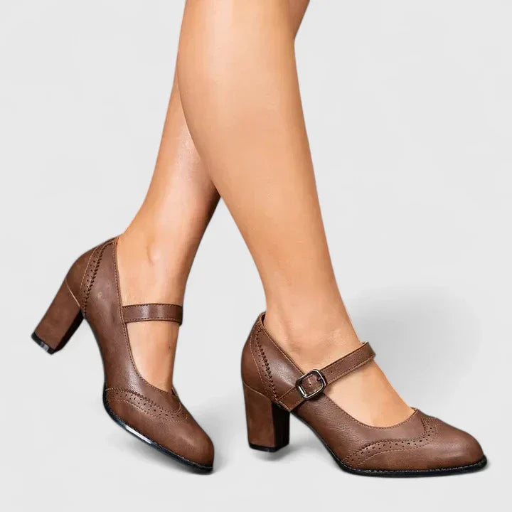 Mary Jane Block Heel Shoes with Ankle Strap - Brown