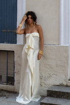 Cream satin maxi dress side view
