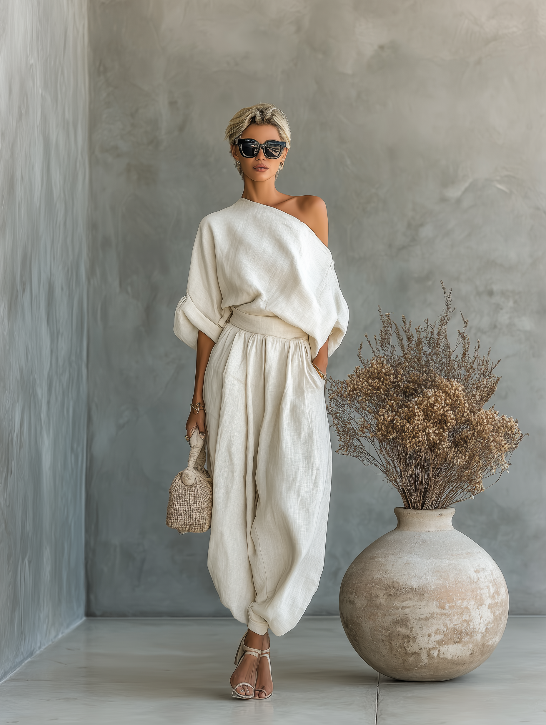 Off-Shoulder Wide Leg Two Piece Set – Off-white detail