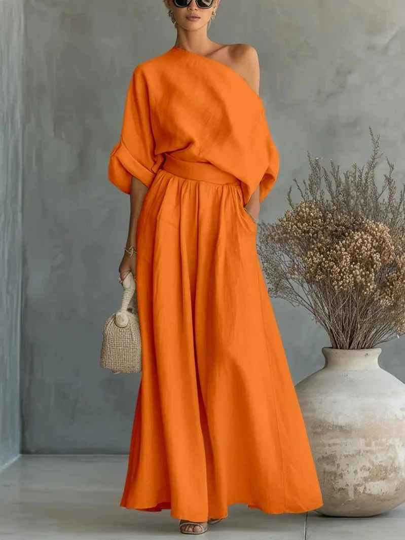 Off-Shoulder Wide Leg Two Piece Set – Orange