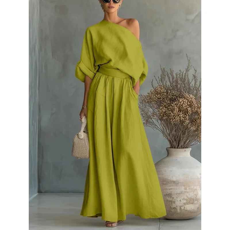 Off-Shoulder Wide Leg Two Piece Set – Green