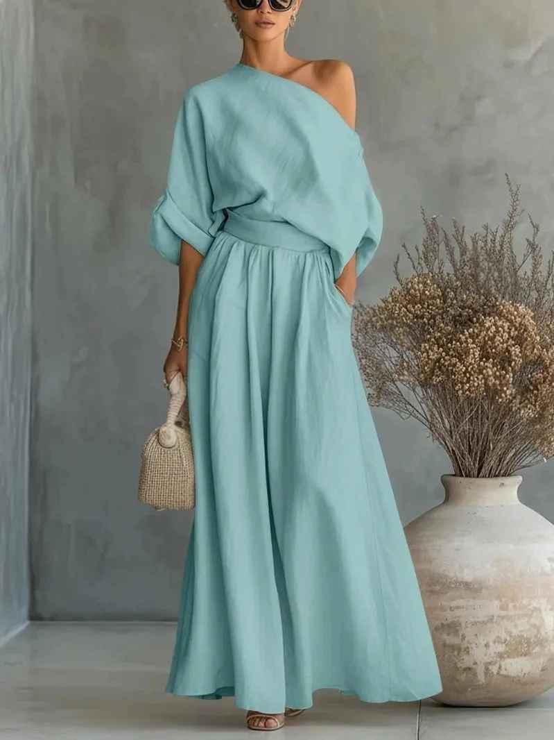 Off-Shoulder Wide Leg Two Piece Set – Blue