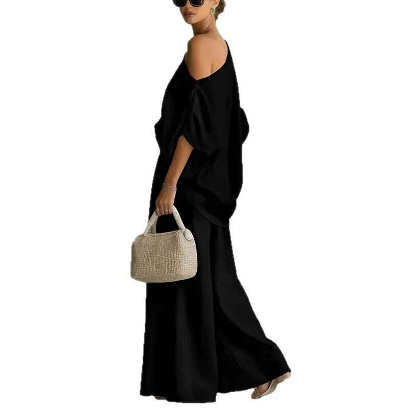 Off-Shoulder Wide Leg Two Piece Set – Black