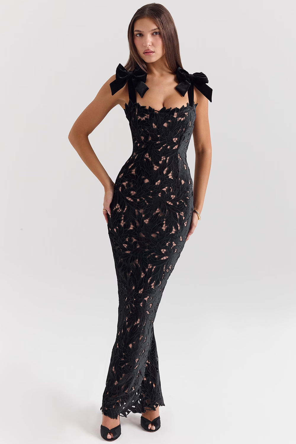 Black floral lace maxi dress detail
