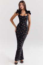 Black floral lace maxi dress detail