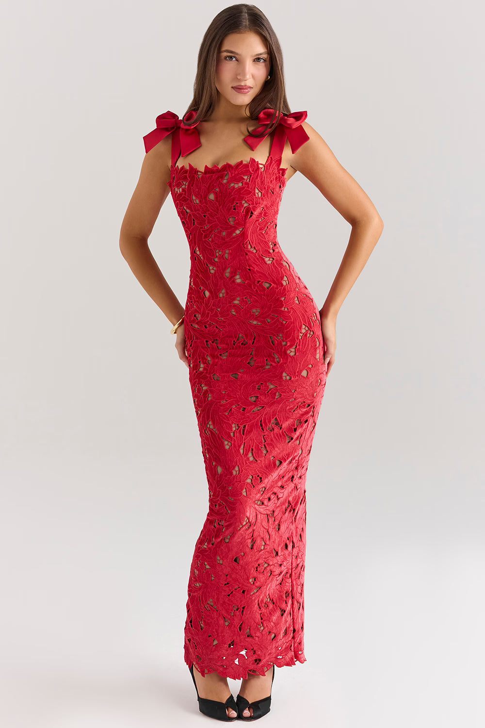 Red floral lace maxi dress detail