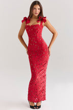 Red floral lace maxi dress detail