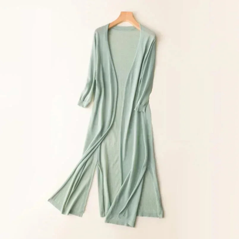 Green open-front long sleeve cardigan