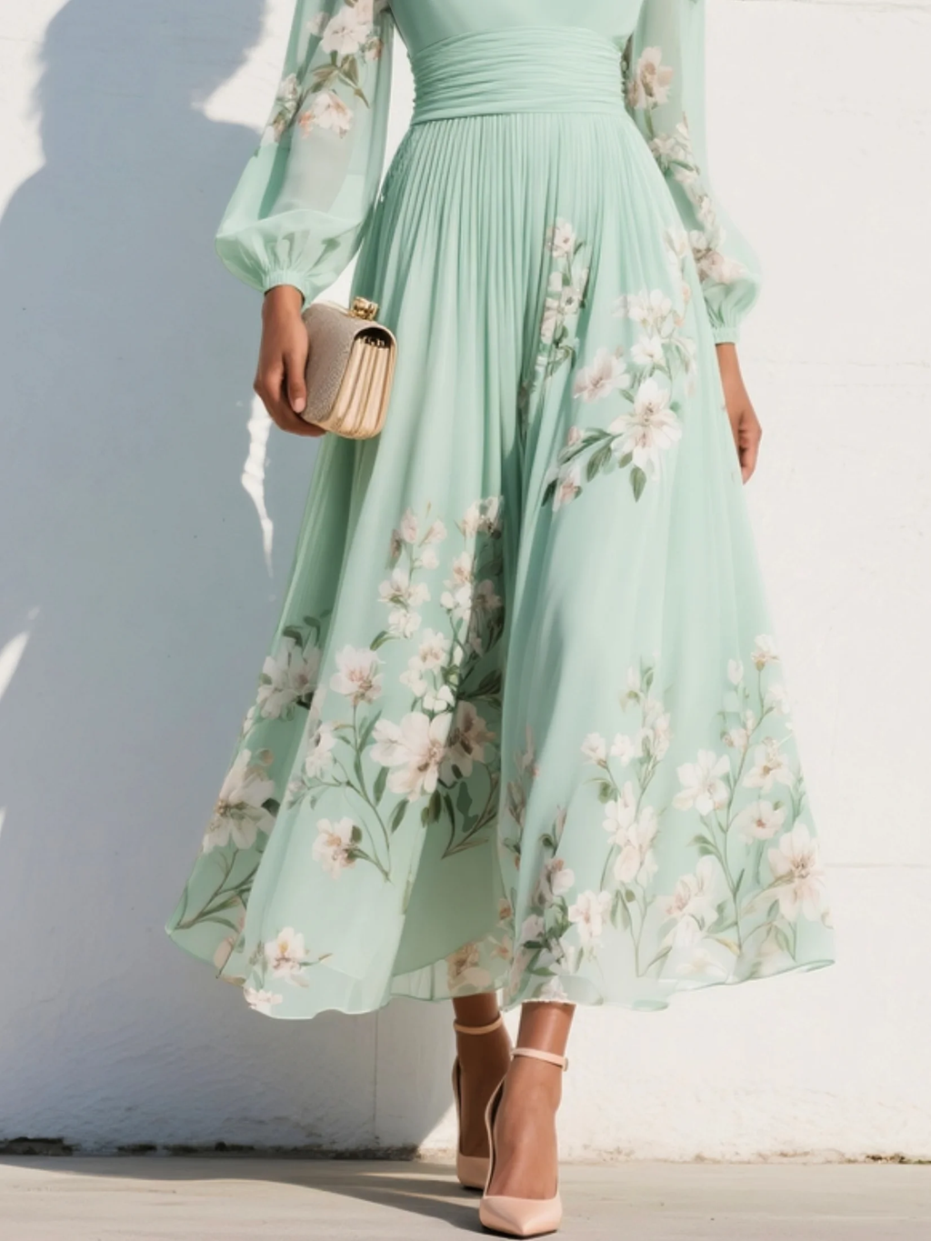 Light green floral wedding guest midi dress