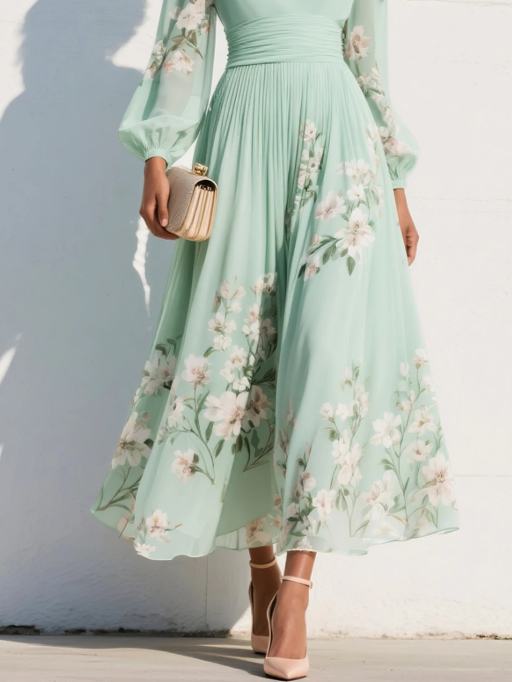 Light green floral wedding guest midi dress